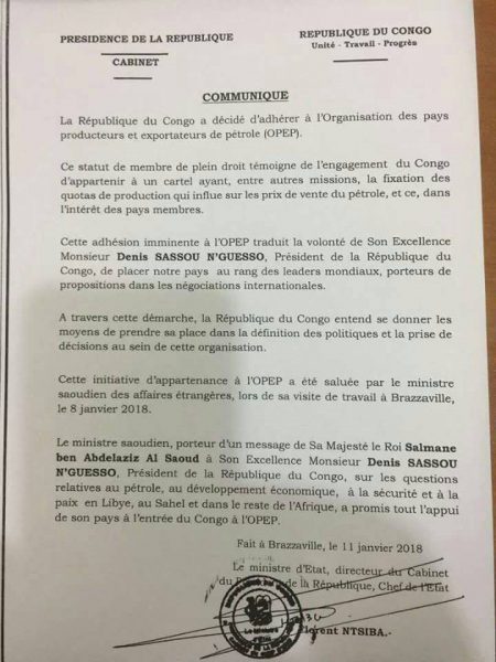 Le communiqué de la présidence congolaise