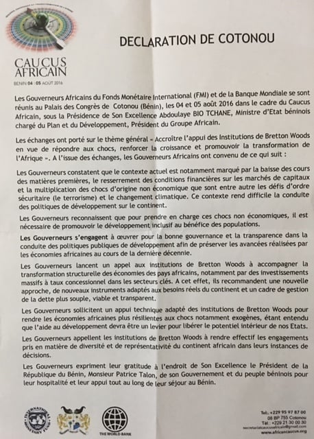 Déclaration de Cotonou, adoptée le 05 août 2016. &copy; DR