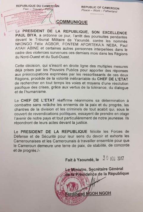 Communiqué du secrétariat général de la présidence camerounaise, concernant l'abandon des poursuite contre les leaders anglophones. &copy; Présidence camerounaise