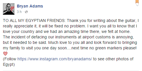 Bryan Adams promet de revenir quand même en Egypte. &copy; Capture d&rsquo;écran/Facebook/ Bryan Adams