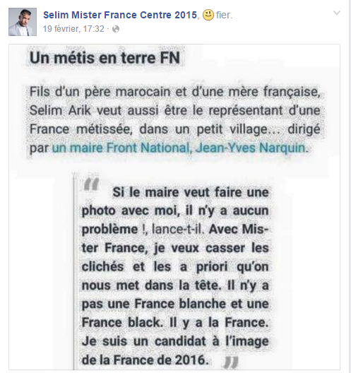 Le Mister France 2016, fier de son métissage. &copy; Capture d&rsquo;écran/Facebook/Selim Mister France Centre 2015