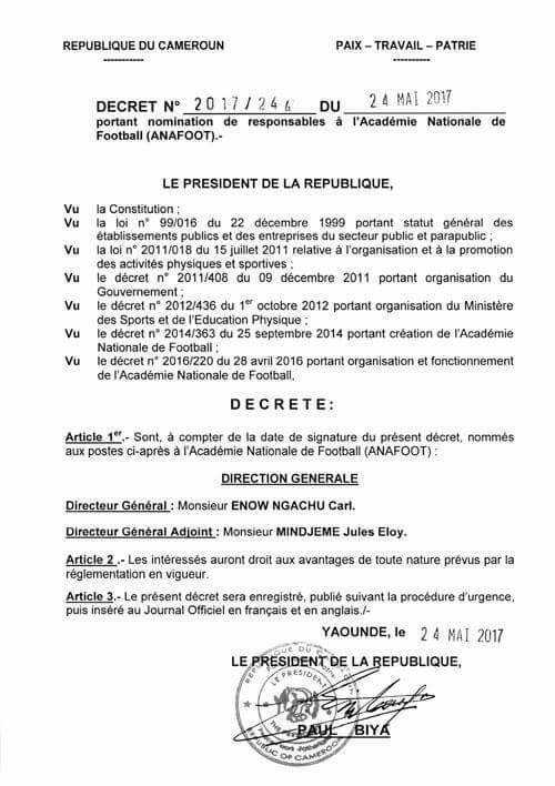 Décret du président Paul Biya. &copy; DR