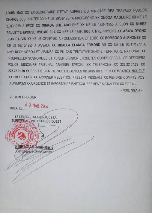 Interdictions de sortie de territoire camerounais émises le 19 mars.