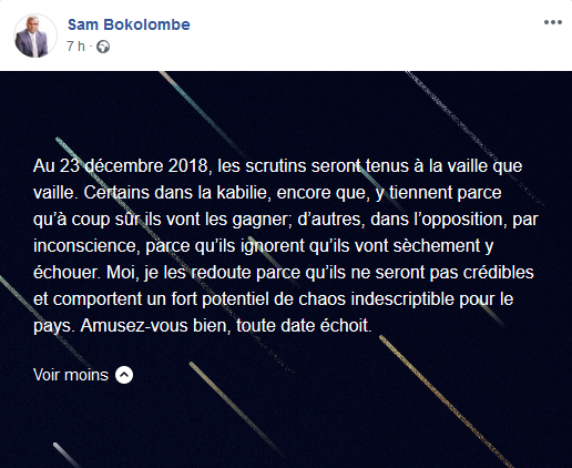 Post du député congolais Sam Bokolombe, le 6 novembre 2018, sur Facebook.