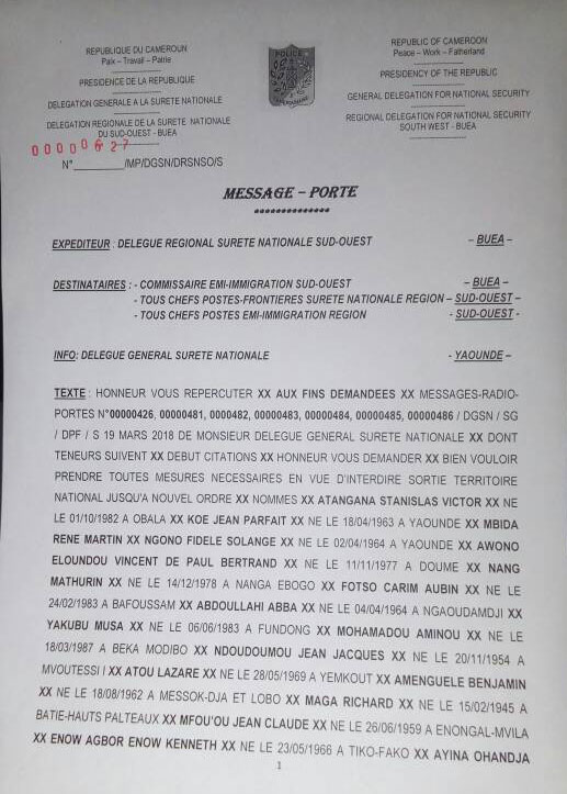 Interdictions de sortie de territoire camerounais émises le 19 mars.