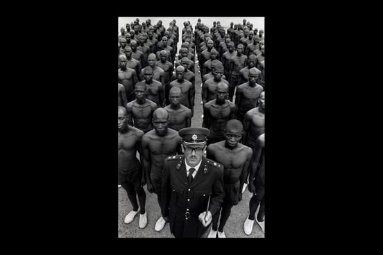 Le colonel S. J. Malan, directeur de l’école de police pour les Noirs d’Hamanskraal,  en Afrique du Sud, se tient debout devant des élèves stagiaires, en 1978. © A.Abbas / Magnum Photos.