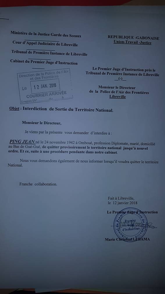 Interdiction de territoire concernant Jean Ping, le 12 janvier 2018. &copy; DR