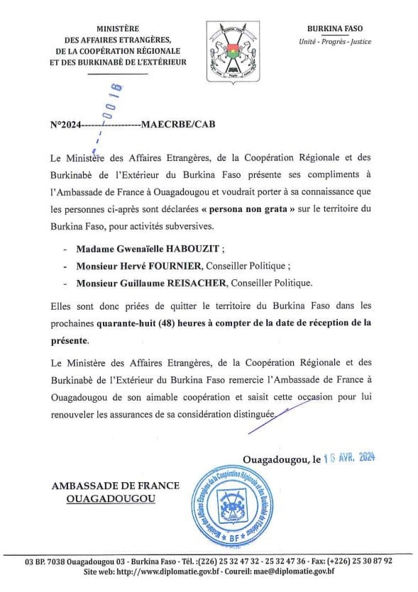 Trois diplomates français, dont deux conseillers politiques, ont été déclarés « persona non grata » par Ouagadougou. &copy; DR