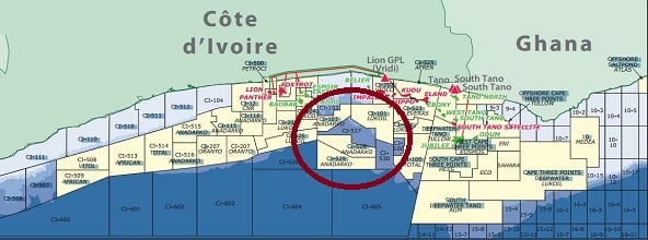 Carte des concession d'hydrocarbures en Côte d'Ivoire en 2014. Au centre du cercle rouge, la concession CI-527 accordée à Anadarko. &copy; Off-Shore Mag