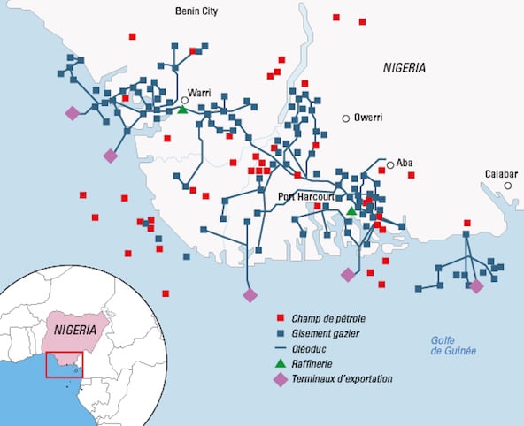 Carte des installations pétrolières dans le delta du Niger (août 2016). &copy; Jeune Afrique