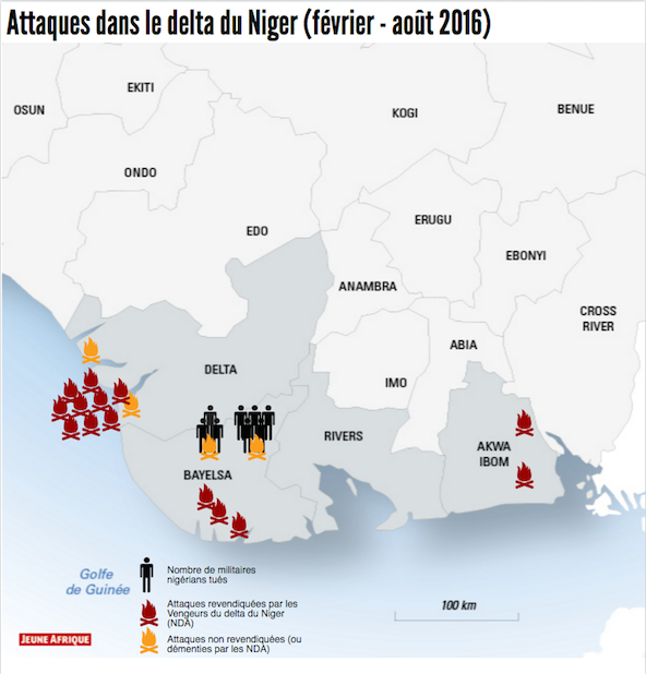 Attaques dans le delta du Niger (février - août 2016). &copy; Carte JA.
