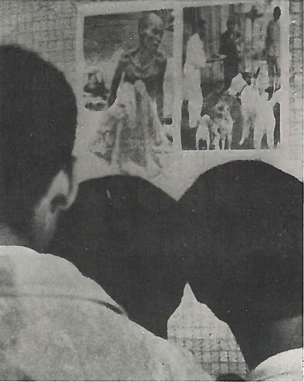 Foule regardant l'une des affiches de propagande destinée à discréditer l'empereur d'Éthiopie pendant la grave famine du Wollo en 1973-1974. &copy; ARCHIVES JA