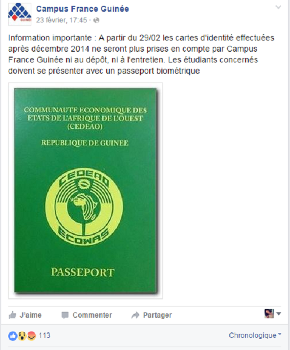  &copy; Capture d&rsquo;écran / Page Facebook Campus France Guinée