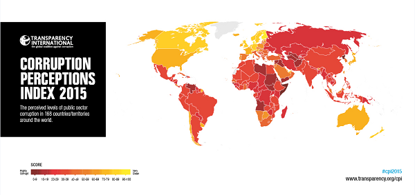 État des lieux de la corruption dans le monde en 2015. &copy; Transparency International