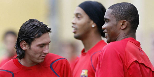 Lionel Messi, Ronaldinho et Samuel Eto'o à l'entraînement, le, 14 février 2007, à Barcelone. &copy; GUIDO MANUILO/AP/SIPA