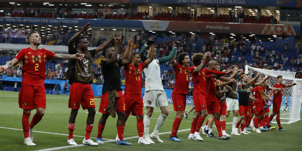 L'équipe de Belgique célébrant sa victoire sur le Japon lors du Mondial 2018 en Russie, le 2 juillet. &copy; Rebecca Blackwell/AP/SIPA