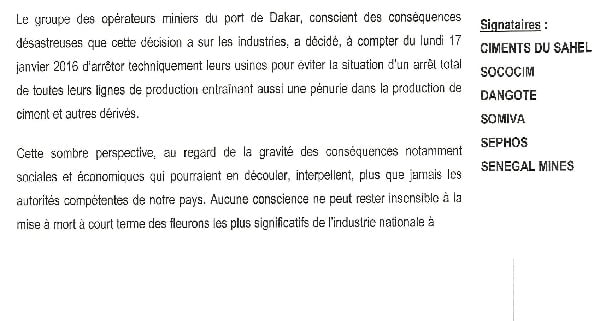 Extrait du communiqué du « Groupement des opérateurs miniers du port de Dakar »