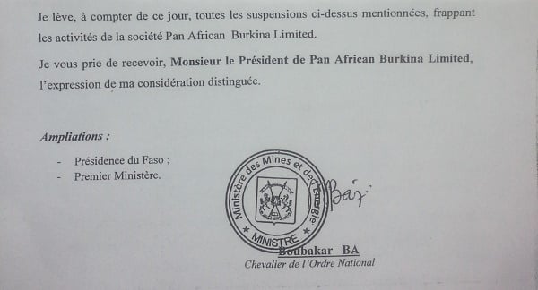 Fac-similé de la lettre du ministre des Mines levant la suspension des exportations de manganèse de Tambao. &copy; DR