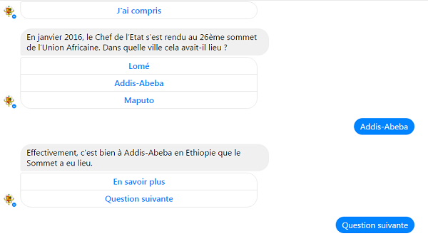 Capture d'écran du "bot" de la Présidence sénégalaise disponible sur Facebook Messanger depuis le 8 février 2017. &copy; Page Facebook de la présidence sénégalaise / Capture d&rsquo;écran