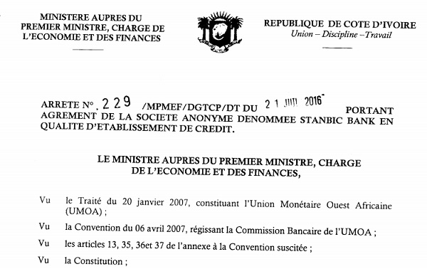 Copie de l'arrêté portant agrément de Stanbic Côte d'Ivoire. &copy; DR