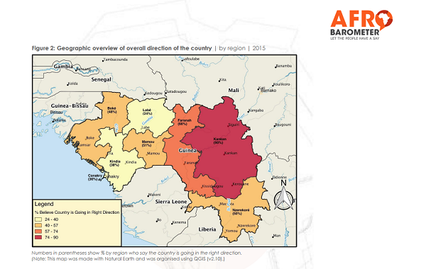 En rouge et orange, les localités où les électeurs pensent que "le pays va dans la bonne direction". &copy; Afrobaromètre