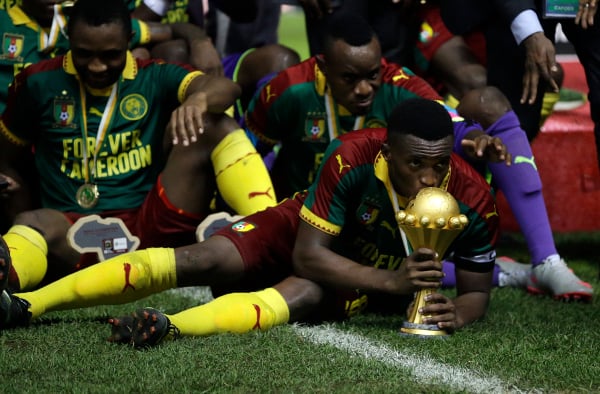 L'équipe du Cameroun, victorieuse, le dimanche 5 février 2017 à Libreville au Gabon. &copy; Sunday Alamba/AP/SIPA