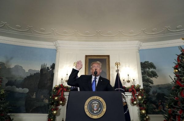 Donald Trump annonçant reconnaître Jérusalem comme capitale d’Israël le 6 décembre 2017. &copy; Evan Vucci/AP/SIPA