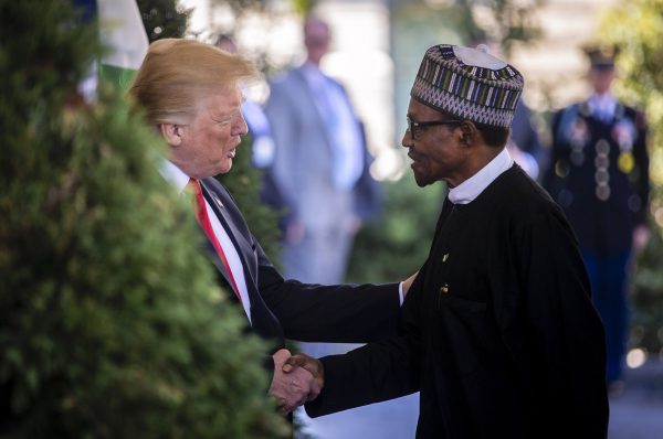 Donald Trump et son homologue nigérian, Muhammadu Buhari, le 30 avril 2018, à Washington. Abuja soutient la candidature marocaine &copy; Al drago/Bloomberg via Getty Images