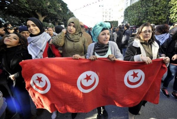 Des Tunisiennes manifestent dans les rues de Tunis le 14 janvier 2018 &copy; Hassene Dridi/AP/SIPA