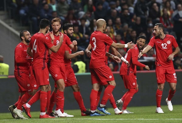 L'équipe de la Tunisie célèbre un but face au Portugal en match amical, le 28 mai 2018. &copy; Armando Franca/AP/SIPA