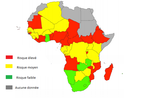 La carte des pays africains classés selon le risque qu'une épidémie de Zika s'y déclare. &copy; OMS