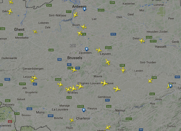 Les avions évitent l’aéroport de Bruxelles. &copy; Capture d&rsquo;écran Flight Radar.