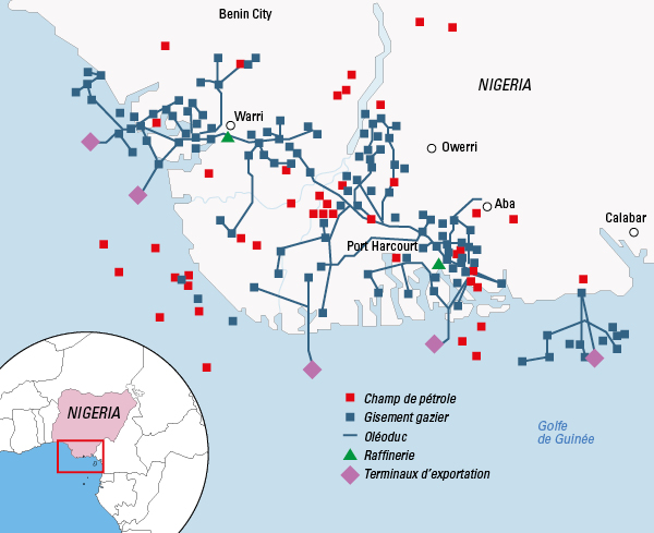 Carte des installations pétrolières dans le delta du Niger, août 2016. &copy; J.A.