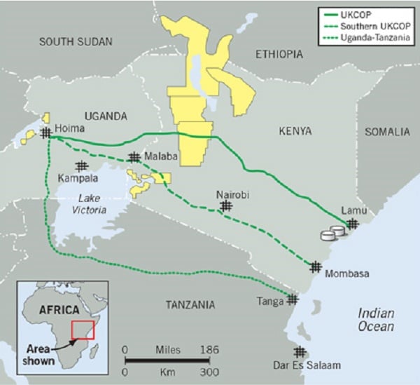 Tracés alternatifs du projet de pipeline devant relier l'Ouganda à l'océan Indien. En Jaune, les concessions d'exploration d'hydrocarbures au Kenya. &copy; Oil &amp; Gas Journal