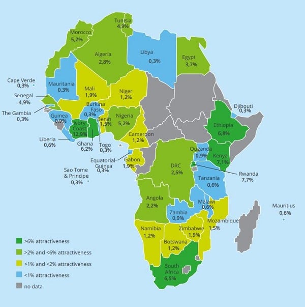 attractivité &copy; Index d&rsquo;attractivité des pays africains, selon l&rsquo;étude de Deloitte, en partenariat avec Jeune Afrique Media Group.
