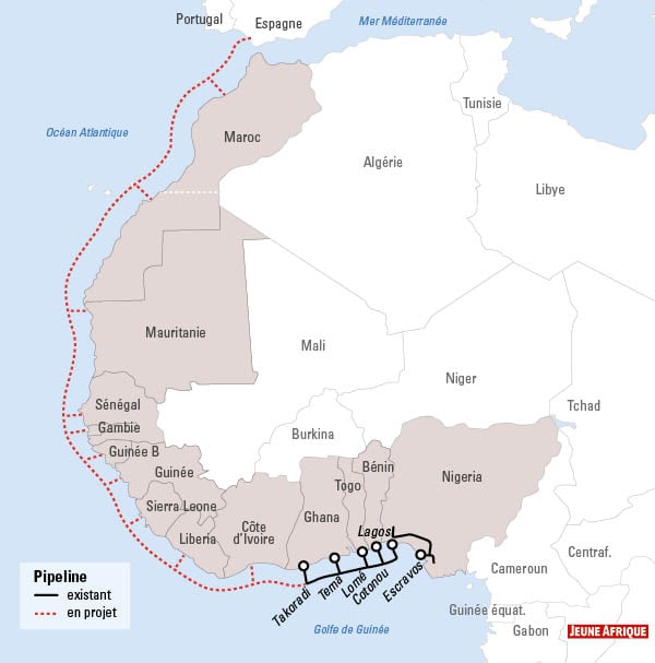Le projet de gazoduc offshore qui devrait relier le Nigeria au Maroc, puis à l’Europe. &copy; Jeune Afrique