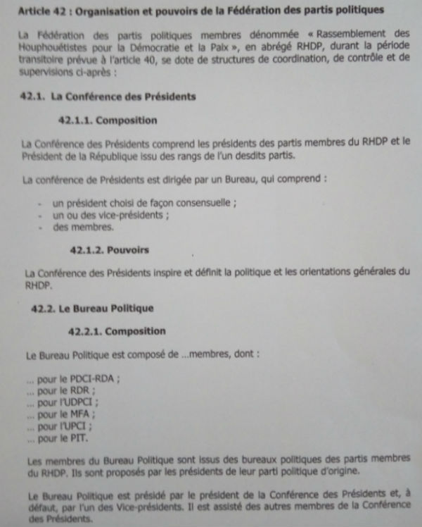 L'une des pages du document portant les statuts du futur RDHP &copy; DR / Jeune Afrique