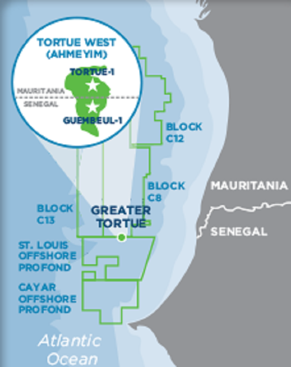 Carte du bloc gazier Tortue West à cheval entre la Mauritanie et le Sénégal. &copy; Kosmos