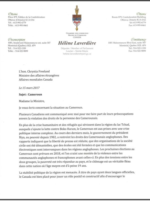 Lettre d'Hélène Laverdière à Chrystia Freeland. &copy; DR