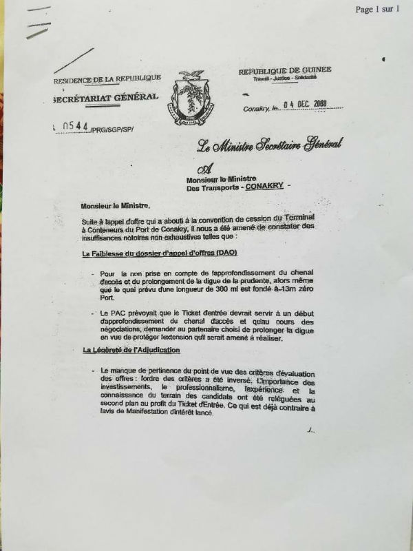 Lettre d'Alpha Obrahima Keira, secrétaire général de la présidence guinéenne au ministre des Transports, le 4 décembre 2008. &copy; DR