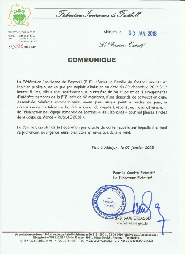 Communiqué de la FIF sur la demande d'assemblée générale. &copy; DR