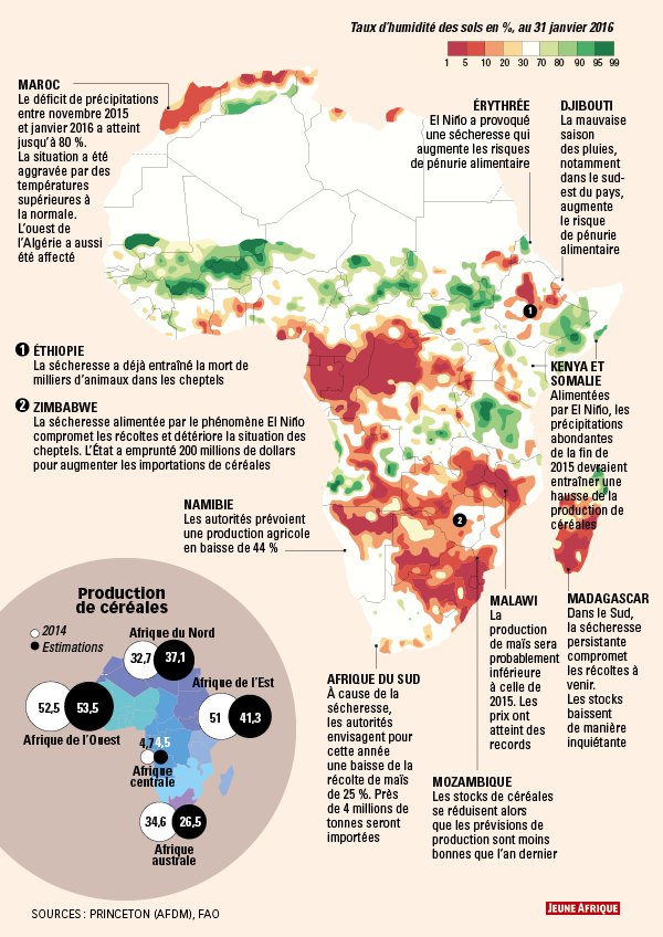 Taux d'humidité des sols en %, au 31 janvier 2016. &copy; Jeune Afrique