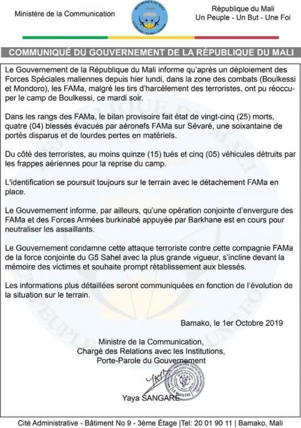 Communiqué du gouvernement de la République du Mali, 1er octobre 2019 &copy; Gouvernement de la République du Mali