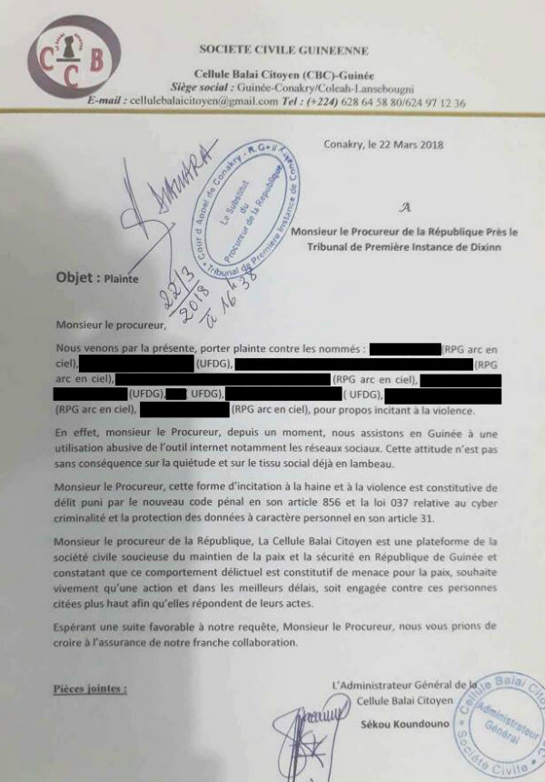 Copie de l'une des plaintes déposées par l'ONG Balai citoyen Guinée le 22 mars 2018. &copy; DR / Document JA