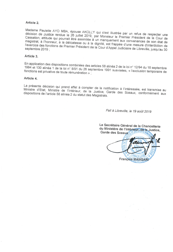 Suspension de la présidente de la Cour d'appel de Libreville, le 19 août 2019. &copy; DR
