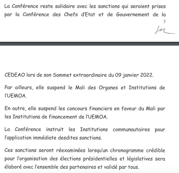 Extrait du communiqué de la Conférence des chefs d'Etat et des ministres des Finances de l'Uemoa, le 9 janvier 2022. &copy; DR