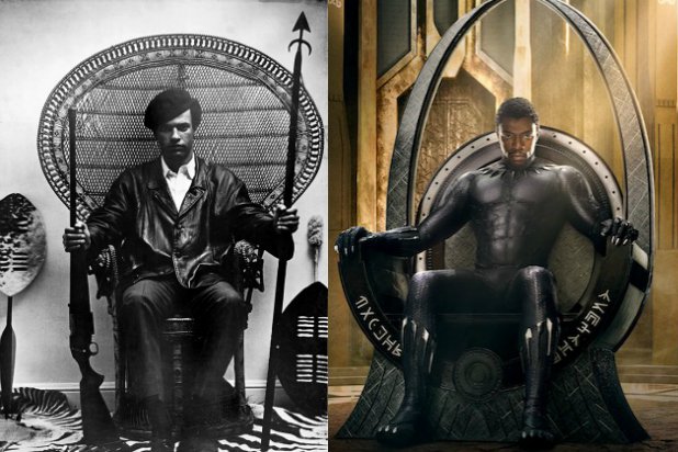 MONTAGE BLACK PANTHER &copy; Montage JA : à gauche, Huey P. Newton immortalisé en 1968 (crédit : Collection of the Smithsonian National Museum of African American History and Culture) et à droite, l&rsquo;affiche du film « Black Panther » (crédit : allo ciné).