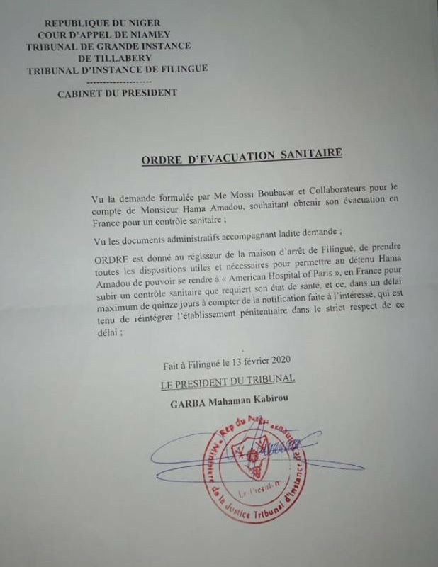 L'ordre d’évacuation sanitaire de l'opposant nigérien Hama Amadou. &copy; DR