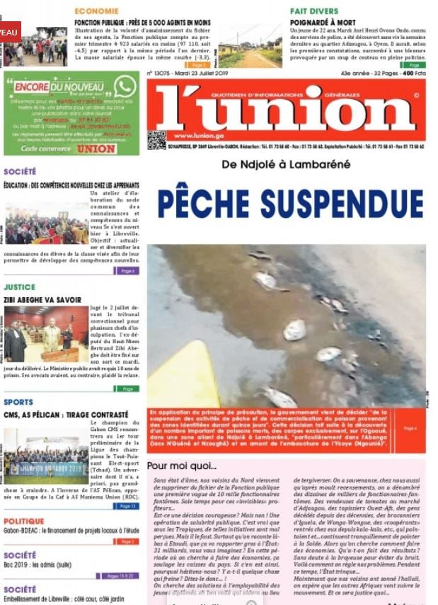 La Une du journal gabonais L'Union, annonçant la suspension de la pêche. &copy; Capture écran L&rsquo;Union
