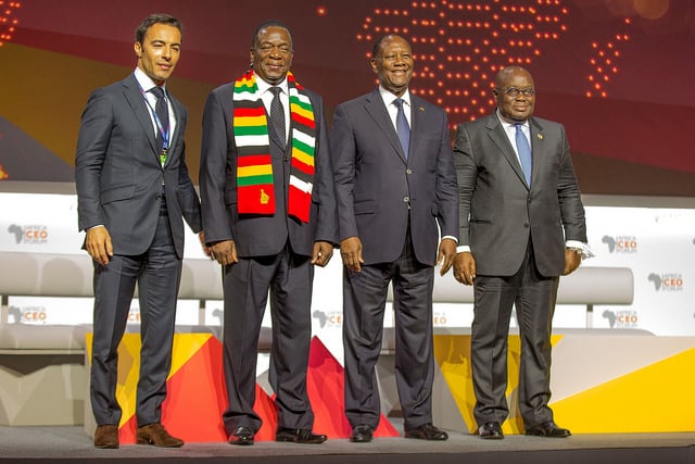 Ben Yahmed Amir, Président du Africa CEO Forum, Emmerson Mnangagwa, Président du Zimbabwe, Alassane Ouattara, Président de Côte d’Ivoire, Akufo-Addo Nana, Président du Ghana. &copy; DR / Africa CEO Forum